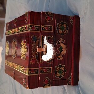 Vintage Asian Wood Jewelry Box Brass Chinese